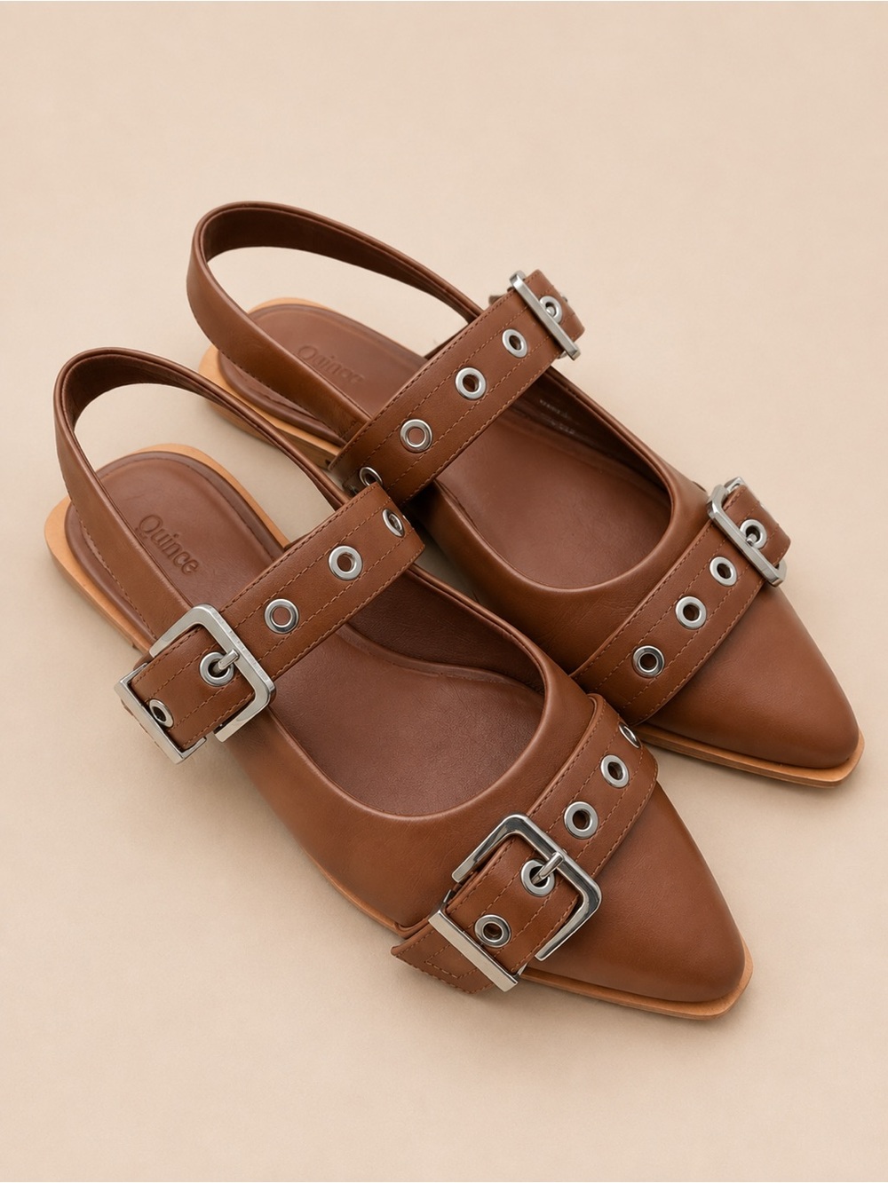QUINCE Italian Leather Bold Buckle Slingback Flat in Cognac Size 8